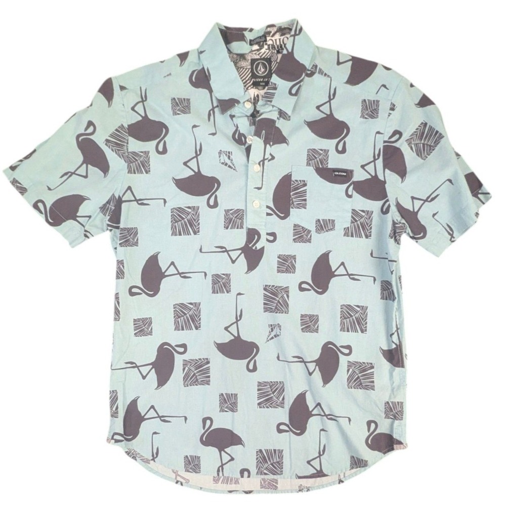 Volcom Flamingo Print Popover Shirt Medium Teal Blue Cotton Short Sleeve Surf